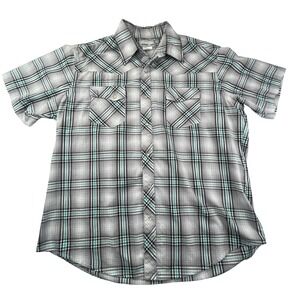 Wrangler Wrancher Short Sleeve Shirt XL Gray Black Teal Plaid Button Up Western